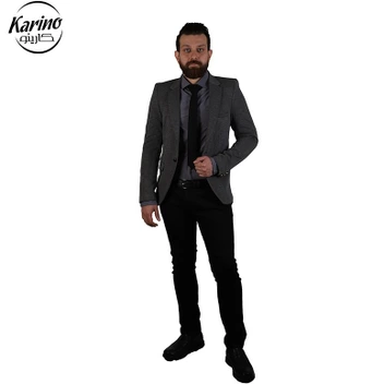 تصویر کت و شلوار مردانه رنگ مشکی طوسی + کراوات 